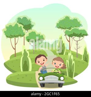 Les enfants se trouvent dans une petite voiture. Route de campagne. Un enfant conduit une voiture à pédales ou électrique. Illustration de dessin animé. Isolé. Paysage rural d'été Illustration de Vecteur