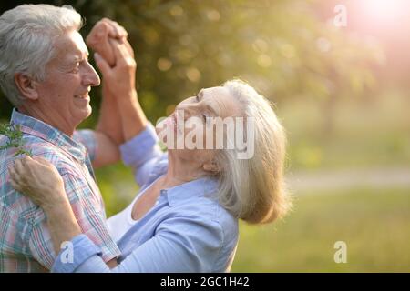 Joyeux couple senior amoureux dansant sur la nature Banque D'Images