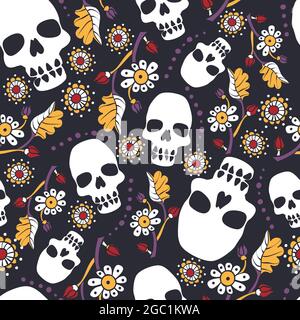 Motif Halloween sans couture avec crânes humains stylisés. Illustration de Vecteur
