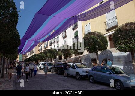 BRIHUEGA, ESPAGNE - 10 JUILLET 2021: Des bannières violettes ombragent la rue pendant la période de floraison des champs de lavande, Brihuega, Guadalajara, Castilla-la Mancha, SPAI Banque D'Images