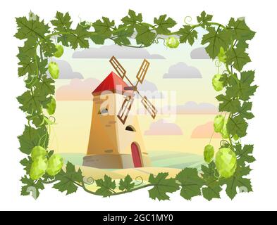 Paysage agricole rural avec un moulin. Cadre avec une branche de houblon avec des feuilles denses et des cônes. Pousses en affaissement avec des feuilles. Illustration de style plat. Vecteur Illustration de Vecteur