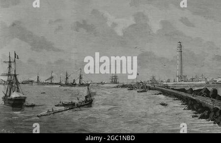 Égypte. Canal de Suez. Vue sur l'entrée de Port Said (sur la rive méditerranéenne). Dessin de A. de Caula. Gravure de Rico. La Ilustración Española y Americana, 1882. Banque D'Images