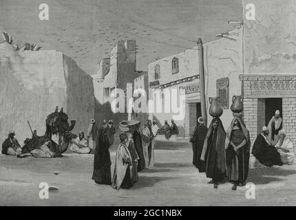 Égypte, Bellianah. Bureaux de poste et de télégraphe entre Alexandrie et le Caire. Gravure de Rico. La Ilustración Española y Americana, 1882. Banque D'Images