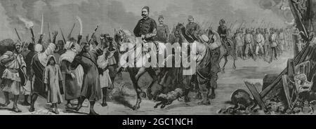 Égypte. Intervention militaire et conquête de l'Égypte par les Britanniques. Le chef national égyptien Ahmed 'Urabi ou Ahmed Orabi (1841-1911) à la tête de ses troupes, la marche jusqu'au camp fortifié de Kafr Dowar. Dessin de Juan Comba. Gravure. La Ilustración Española y Americana, 1882. Banque D'Images