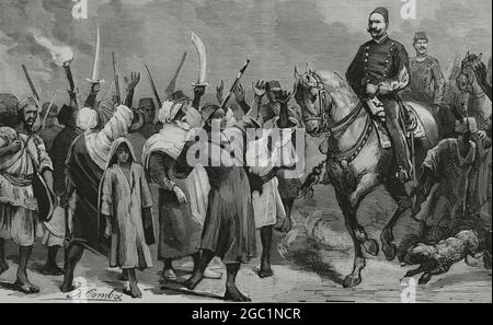 Égypte. Intervention militaire et conquête de l'Égypte par les Britanniques. Le chef national égyptien Ahmed 'Urabi ou Ahmed Orabi (1841-1911) à la tête de ses troupes, la marche jusqu'au camp fortifié de Kafr Dowar. Dessin de Juan Comba. Gravure, détail. La Ilustración Española y Americana, 1882. Banque D'Images