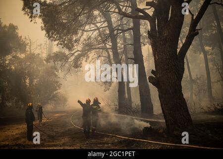 Afidnes, Grèce. 06e août 2021. Les pompiers tentent d'éteindre un incendie de forêt dans une zone boisée au nord d'Athènes. Depuis les premières heures du matin, de forts vents de l'ouest ont continué à alimenter les nombreux incendies de vendredi. Credit: Angelos Tzortzinis/dpa/Alay Live News Banque D'Images