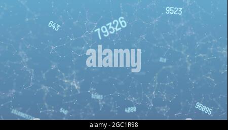 Illustration des nombres passant sur des réseaux de connexions blancs sur fond bleu Banque D'Images