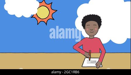 Image numérique de la jeune fille étudiant et plusieurs chapeaux de remise des diplômes contre le ciel bleu Banque D'Images