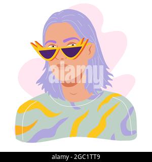 Portrait d'un jeune homme moderne avec de longs cheveux violets teints. Avatar de l'homme dans des lunettes de soleil et des tenues de mode tendance. Portrait vectoriel de styli Illustration de Vecteur