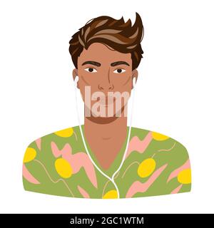 Portrait d'un jeune latino-américain élégant avec des écouteurs. Avatar d'un homme métis à la peau semi-foncée dans une tenue moderne et lumineuse. Portrait vectoriel masculin Illustration de Vecteur