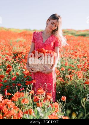 Femme caucasienne attirante dans un champ de pavot au coucher du soleil. Concept de liberté avec des couleurs douces. Femme en robe rouge et sac à main en osier avec fleurs Banque D'Images
