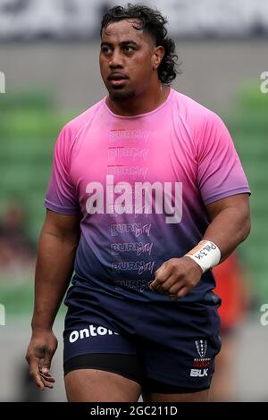 MELBOURNE, AUSTRALIE - 18 AVRIL : le pone Fa'amausili des rebelles se réchauffe lors du match de rugby Super au de neuf matchs entre les rebelles de Melbourne et LES BRUMBIES ACT à l'AAMI Park le 18 avril 2021 à Melbourne, en Australie. Crédit : Brett Keating/Speed Media/Alay Live News Banque D'Images