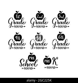 Ensemble d'écuelage de classe scolaire. Forfait premier jour d'école. 1er, 2e, 3e, 4e, 5e, 6st, préscolaire, pré-scolaire Modèle vectoriel pour affiche typographique, bannière, t- Illustration de Vecteur