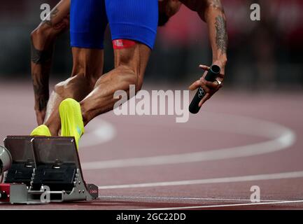 Tokyo, Japon. 6 août 2021. Trevor Stewart, de Team USA, est en compétition pendant les courses de relais hommes 4x400m aux Jeux Olympiques de Tokyo 2020, à Tokyo, au Japon, le 6 août 2021. Crédit: Li Yibo/Xinhua/Alay Live News Banque D'Images