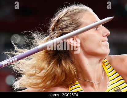 Tokyo, Japon. 6 août 2021. Christin Hussong, de l'Allemagne, participe à la finale du jet de javelin féminin aux Jeux Olympiques de Tokyo en 2020, à Tokyo, au Japon, le 6 août 2021. Crédit: Wang Lili/Xinhua/Alay Live News Banque D'Images