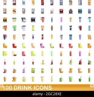 100 icônes de boissons définies. Illustration de dessin animé de 100 icônes de boisson vecteur isolé sur fond blanc Illustration de Vecteur