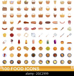 100 food icons set. Cartoon illustration de 100 icônes alimentaire vector set isolé sur fond blanc Illustration de Vecteur