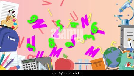 Image numérique de plusieurs icônes de concept d'école contre plusieurs nombres et alphabets sur le rose ba Banque D'Images