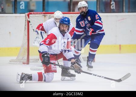 Breclav, République tchèque. 06e août 2021. Ales Cech (CZE) en action pendant la coupe Hlinka Gretzky U-18, match Tchèque contre USA, le 6 août 2021, à Breclav, République Tchèque. Crédit: Jaroslav Svoboda/CTK photo/Alamy Live News Banque D'Images