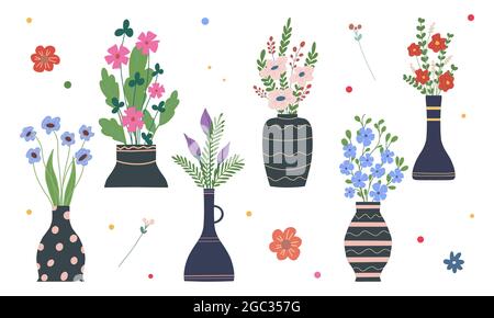 Ensemble de fleurs de printemps brillantes dans des vases et des bouteilles isolées sur un fond blanc. Un bouquet de bouquets. Ensemble d'élemen à motif fleuri décoratif Illustration de Vecteur