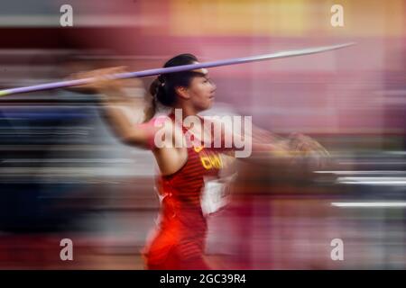 Tokio, Japon. 06e août 2021. Athlétisme : Jeux Olympiques, projection Javelin, femmes, finale au stade olympique. Shiying Liu from China in action. Credit: Oliver Weiken/dpa/Alay Live News Banque D'Images