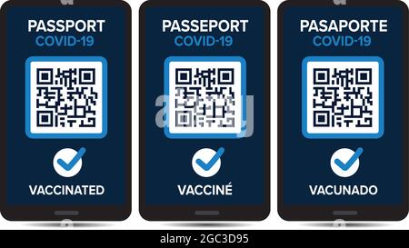 vaccin covid-19 carte passeport qr code design vecteur anglais français et espagnol langue du texte Illustration de Vecteur