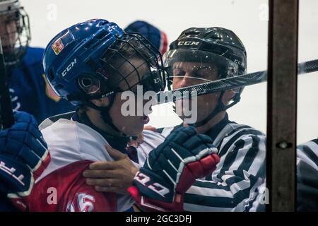 Breclav, République tchèque. 06e août 2021. Jiri Kulich (CZE) est vu pendant la Hlinka Gretzky Cup U-18, match Tchèque contre USA, le 6 août 2021, à Breclav, République Tchèque. Crédit: Jaroslav Svoboda/CTK photo/Alamy Live News Banque D'Images