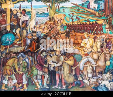 Arrivée de Hernan Cortes à Veracruz, murale Diego Rivera, Palais présidentiel, Mexico, Mexique. Banque D'Images