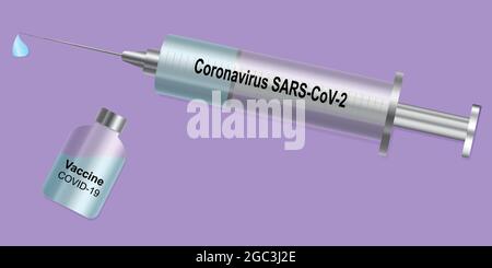 Seringue avec gouttes et vaccin sur fond violet. Vecteur Illustration de Vecteur