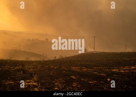 Afidnes, Grèce. 06e août 2021. La fumée s'élève du sol brûlé dans une zone boisée au nord d'Athènes. De forts vents de l'ouest ont continué à alimenter les nombreux incendies depuis les premières heures de vendredi. Credit: Angelos Tzortzinis/dpa/Alay Live News Banque D'Images