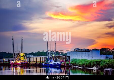 Des bateaux à crevettes sont photographiés au coucher du soleil, le 24 juillet 2021, à Bayou la Bare, Alabama. La région est connue sous le nom de « capitale des biens-fonds de l'Alabama ». Banque D'Images
