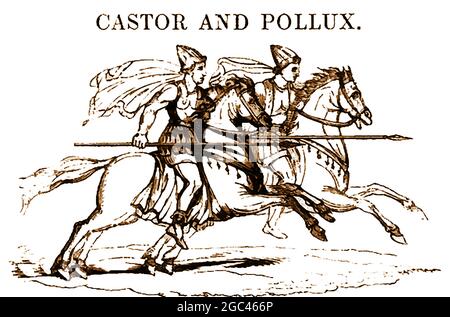 Une représentation en 1839 des figures mythologiques Castor et Pollux (Polydeukes) à cheval; connu comme une paire de demi-frères jumeaux dans la mythologie grecque et romaine où ils sont connus ensemble comme Dioscuri et parfois comme les deux dieux, Gémeaux, Castores, Tyndaridés / Tyndaridae ou les jumeaux de cheval. Les marins à l'ancienne ont considéré la paire comme des saints patrons sous la forme du feu de St Elmo et ils ont des associations d'équitation comme les jumeaux de cheval divin indo-européen / les jumeaux de cheval Divin Banque D'Images