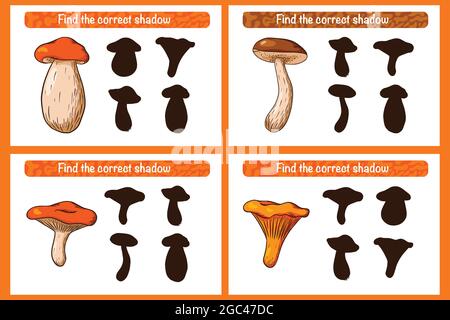 Trouvez le jeu éducatif correct de Mushroom Shadow pour les enfants.Activité d'appariement des ombres pour les enfants aux champignons.Puzzle préscolaire.Feuille de travail pédagogique.Trouvez le jeu de silhouette correct avec des champignons comestibles.Vecteur Premium Illustration de Vecteur