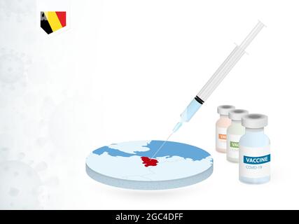 Vaccination en Belgique avec différents types de vaccin COVID-19. Сoncept avec l'injection du vaccin dans la carte de Belgique. Illustration vectorielle. Illustration de Vecteur