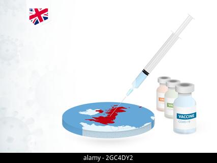 Vaccination au Royaume-Uni avec différents types de vaccin COVID-19. Сoncept avec l'injection du vaccin dans la carte du Royaume-Uni. Illustration vectorielle Illustration de Vecteur