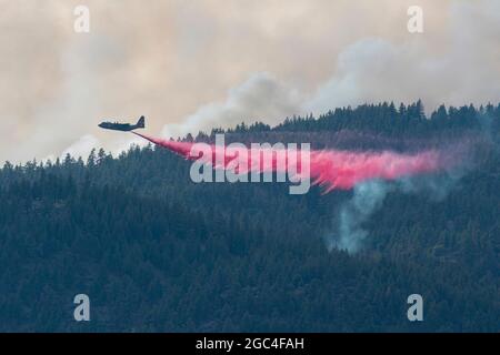 La Garde nationale aérienne C-130, MAFFS 9, de Reno, au Nevada, tombe ignifuge sur le complexe de Beckwuth Fire le 9 juillet 2021 près du lac Frenchman, en Nouvelle-Californie. En plus d'autres ressources, trois gardes nationaux de l'Air C-130s--deux du Nevada et un de Californie aideront à lutter contre le feu du complexe Beckwuth dans le nord de la Californie. Le Département de la Défense, par l'intermédiaire du commandant du Commandement du Nord des États-Unis (USNORTHCOM), fournit un soutien au Centre interagences national des incendies (NIFC) dans la conduite des opérations de lutte contre les incendies de forêt comme demandé. First Air Force (Air Forces Northern), Compagnie aérienne du Commandement du Nord des États-Unis Banque D'Images