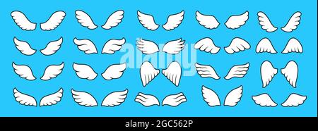 Ensemble de dessins animés simple d'icône d'ailes. Éléments de conception de panneaux. Logo de ligne ailé, ange ou oiseau de plume deux ailes. Icônes minimalistes modernes vecteur abstrait isolé sur fond bleu Illustration de Vecteur