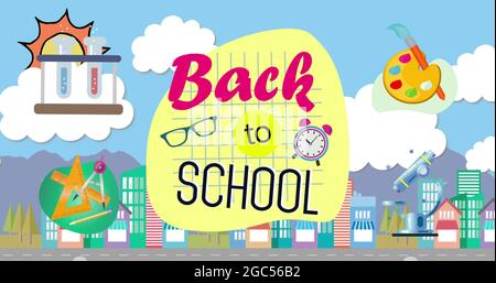 Retour à l'école texte et plusieurs icônes de concept d'école contre le paysage urbain Banque D'Images