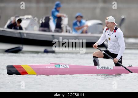 Tokyo, Japon. 07e août 2021. Canoë : Jeux olympiques, canoë simple, 1000m, hommes, demi-finale de la voie navigable de la forêt marine. Conrad Scheibner, de l'Allemagne, réagit. Credit: Jan Woitas/dpa/Alay Live News Banque D'Images