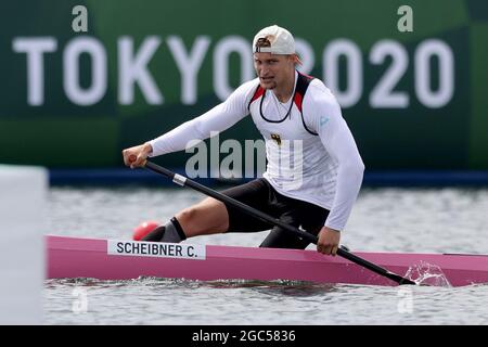 Tokyo, Japon. 07e août 2021. Canoë : Jeux olympiques, canoë simple, 1000m, hommes, demi-finale de la voie navigable de la forêt marine. Conrad Scheibner, de l'Allemagne, réagit. Credit: Jan Woitas/dpa/Alay Live News Banque D'Images