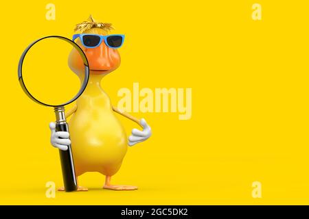 Adorable dessin animé jaune personnage de canard Mascot avec loupe sur fond jaune. Rendu 3d Banque D'Images