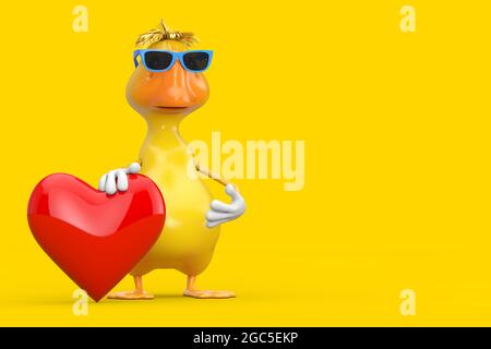 Adorable dessin animé jaune personnage de canard mascotte avec coeur rouge sur fond jaune. Rendu 3d Banque D'Images