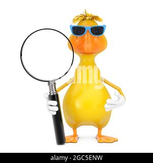 Adorable dessin animé jaune personnage de canard Mascot avec loupe sur fond blanc. Rendu 3d Banque D'Images