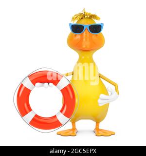 Joli dessin animé jaune personnage de canard Mascot avec bouée de vie sur fond blanc. Rendu 3d Banque D'Images