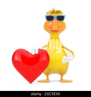Adorable dessin animé jaune personnage de canard mascotte avec coeur rouge sur fond blanc. Rendu 3d Banque D'Images