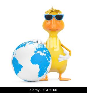 Adorable dessin animé jaune personnage de canard Mascot avec Earth Globe sur fond blanc. Rendu 3d Banque D'Images