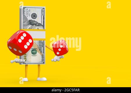 Pile de la mascotte du personnage de cent dollars Bills avec des cubes Red Game Dice en vol sur fond jaune. Rendu 3d Banque D'Images