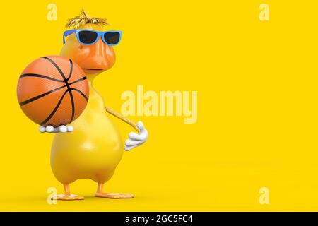 Mignon jaune Cartoon Duck personnage Mascot avec ballon de basket-ball sur fond blanc. Rendu 3d Banque D'Images