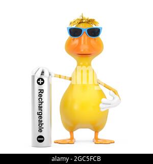 Adorable mascotte de personnage de canard jaune avec batterie rechargeable sur fond blanc. Rendu 3d Banque D'Images