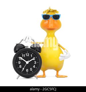 Adorable dessin animé jaune personnage de canard Mascot avec réveil sur fond blanc. Rendu 3d Banque D'Images